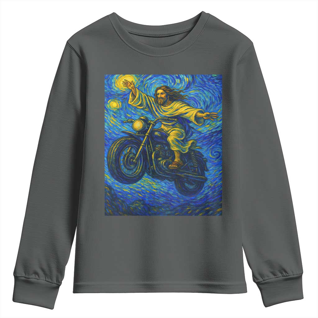 Funny Jesus Christian Motorcycle Youth Sweatshirt Starry Night Van Gogh Biker TS14 Dark Heather Print Your Wear