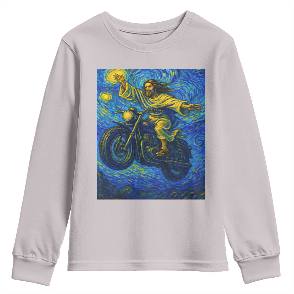 Funny Jesus Christian Motorcycle Youth Sweatshirt Starry Night Van Gogh Biker TS14 Ice Gray Print Your Wear