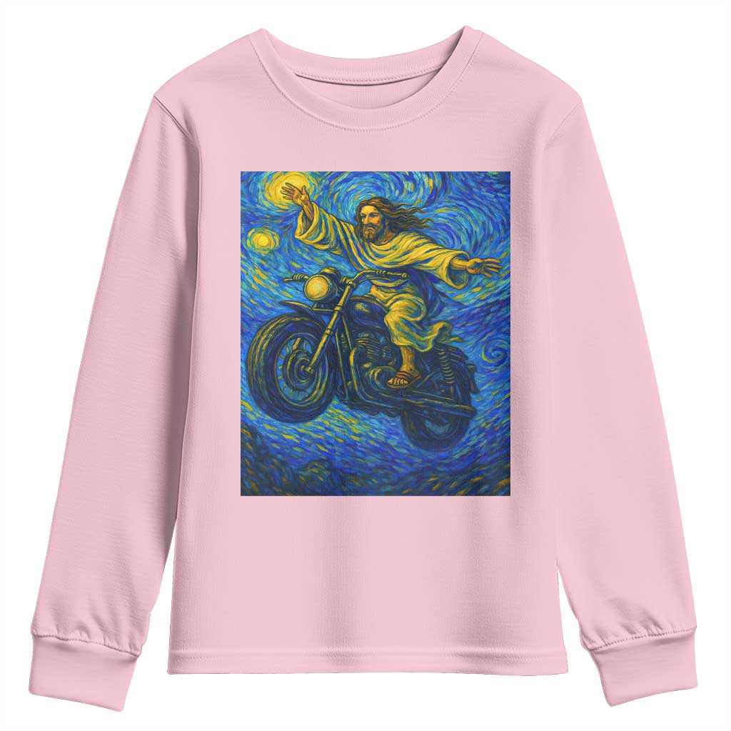 Funny Jesus Christian Motorcycle Youth Sweatshirt Starry Night Van Gogh Biker TS14 Light Pink Print Your Wear