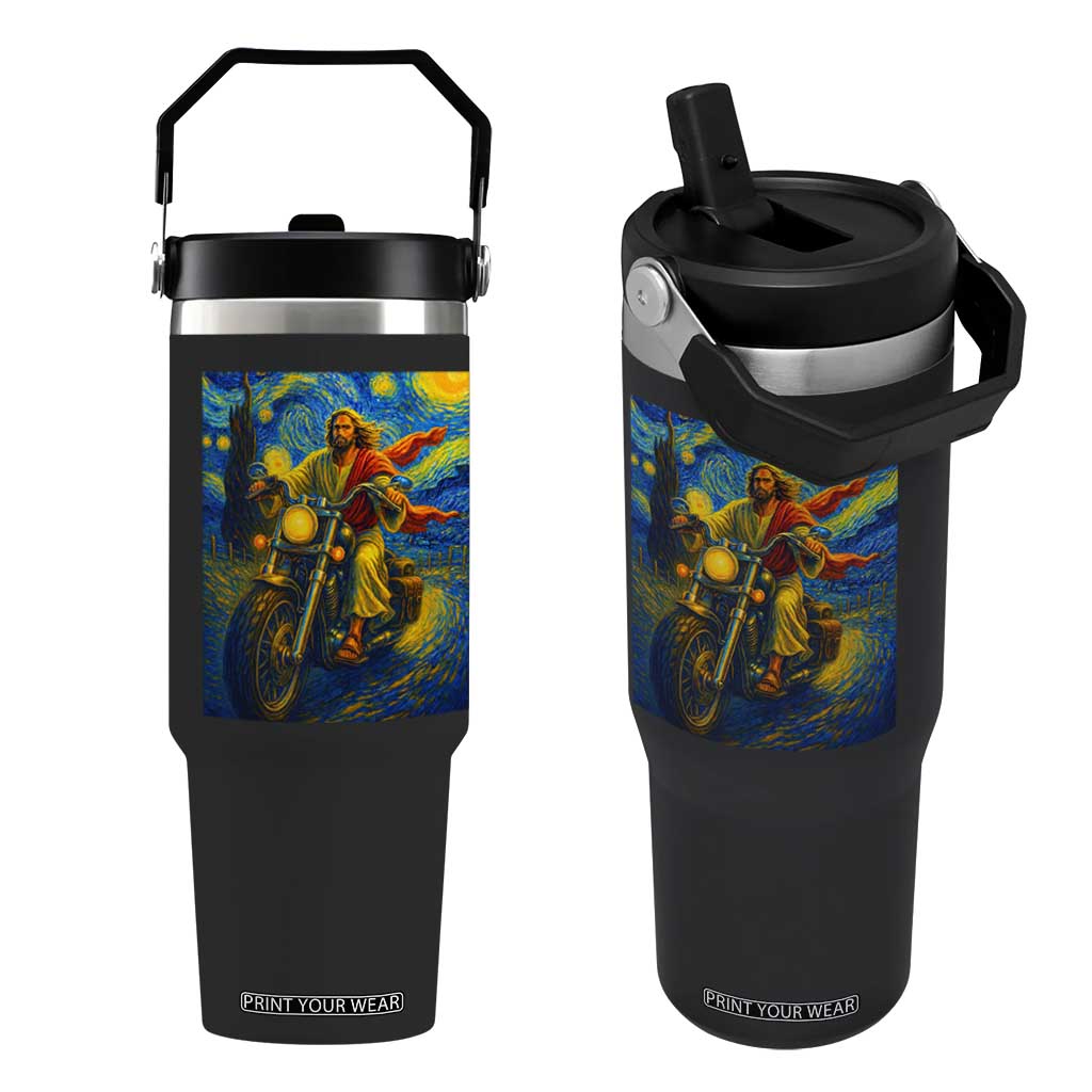 Jesus Christian Motorcycle Starry Night Van Gogh Flip Straw Tumbler TS14 One Size: 30 oz Black Print Your Wear