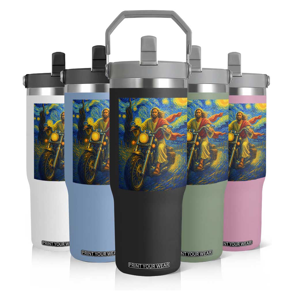 Jesus Christian Motorcycle Starry Night Van Gogh Flip Straw Tumbler TS14 Print Your Wear