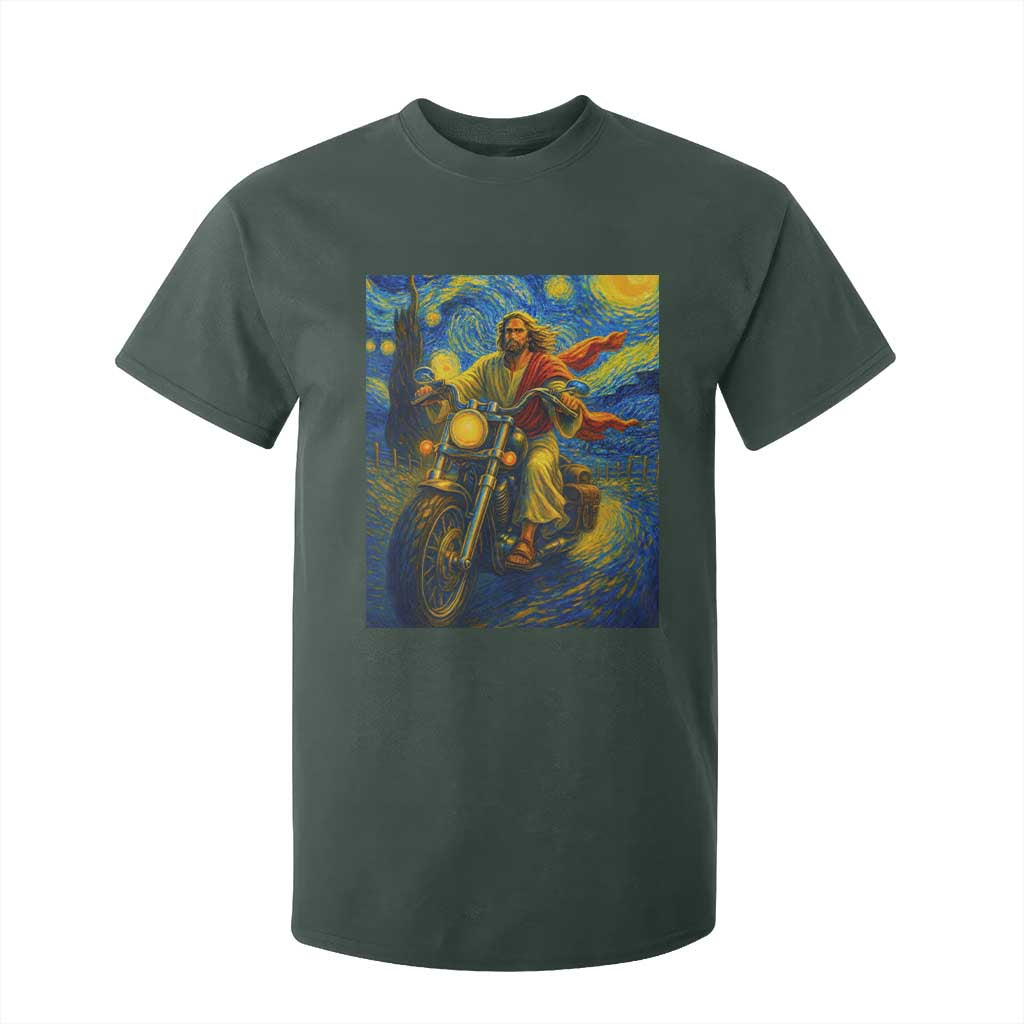 Jesus Christian Motorcycle Starry Night Van Gogh T Shirt For Kid TS14 Dark Forest Green Print Your Wear