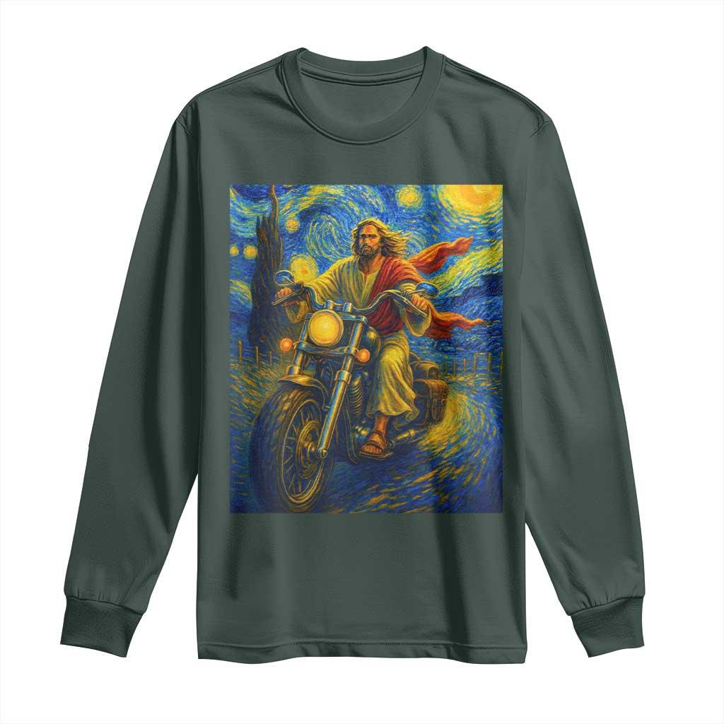 Jesus Christian Motorcycle Starry Night Van Gogh Long Sleeve Shirt TS14 Dark Forest Green Print Your Wear