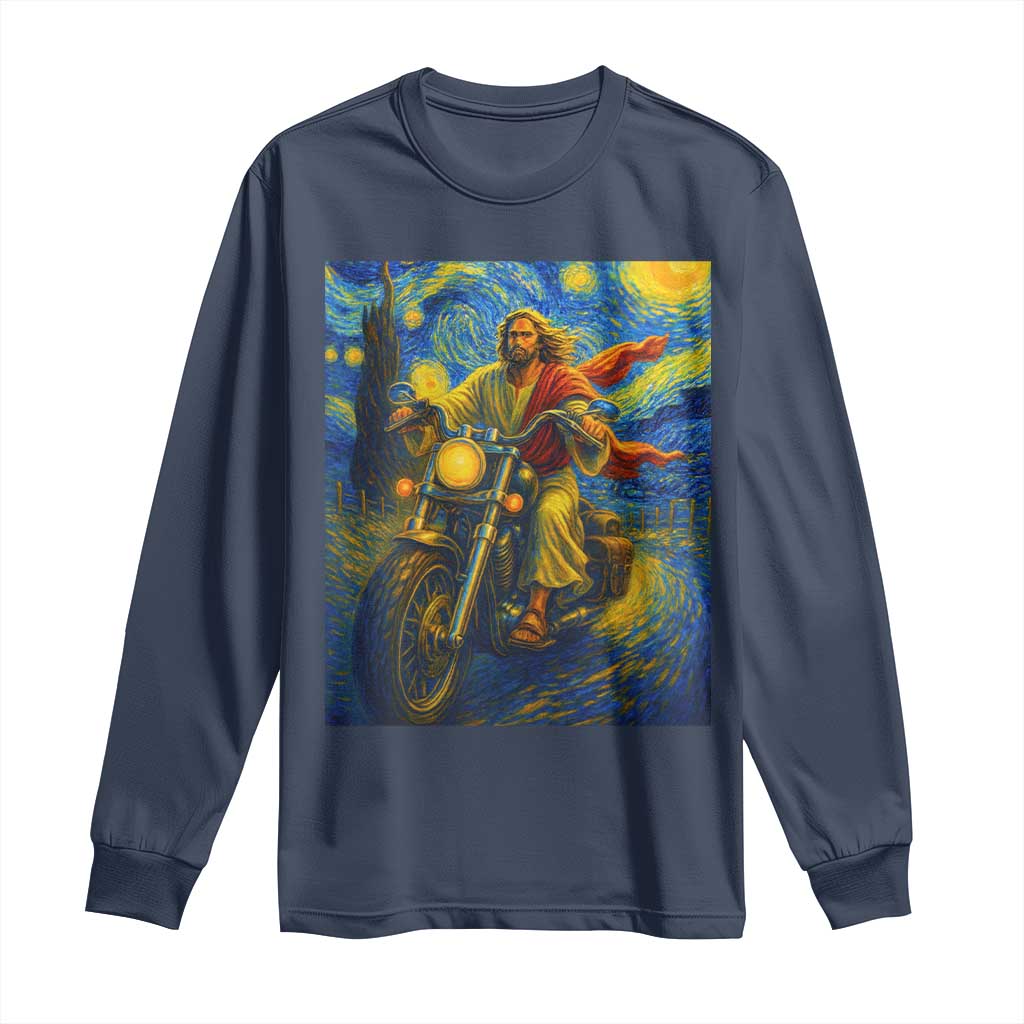 Jesus Christian Motorcycle Starry Night Van Gogh Long Sleeve Shirt TS14 Navy Print Your Wear