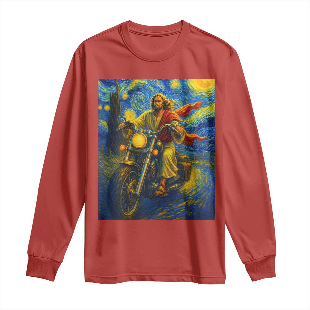 Jesus Christian Motorcycle Starry Night Van Gogh Long Sleeve Shirt TS14 Red Print Your Wear