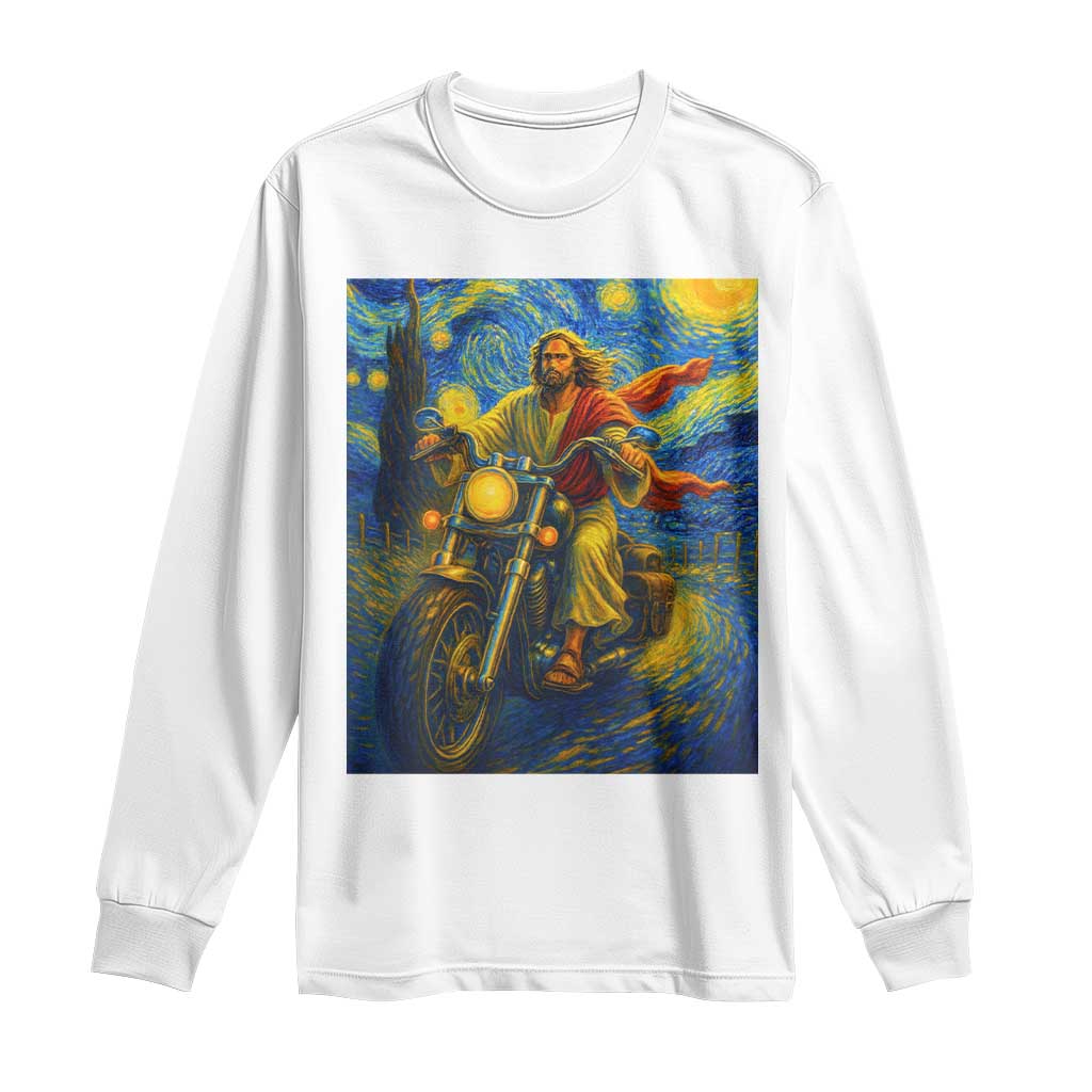 Jesus Christian Motorcycle Starry Night Van Gogh Long Sleeve Shirt TS14 White Print Your Wear