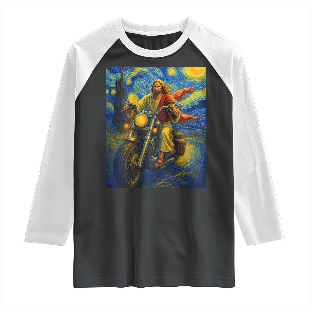 Jesus Christian Motorcycle Starry Night Van Gogh Raglan Shirt TS14 Black White Print Your Wear