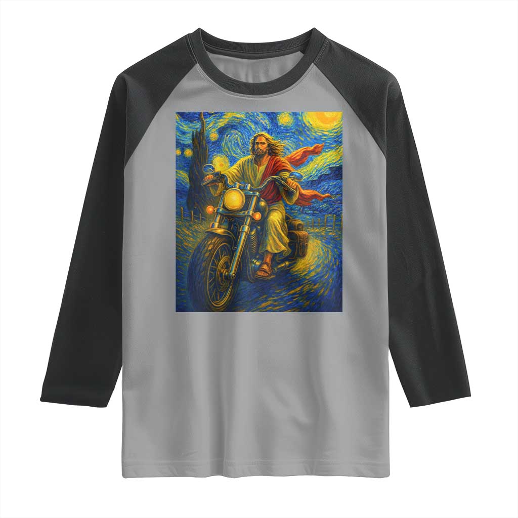 Jesus Christian Motorcycle Starry Night Van Gogh Raglan Shirt TS14 Sport Gray Black Print Your Wear