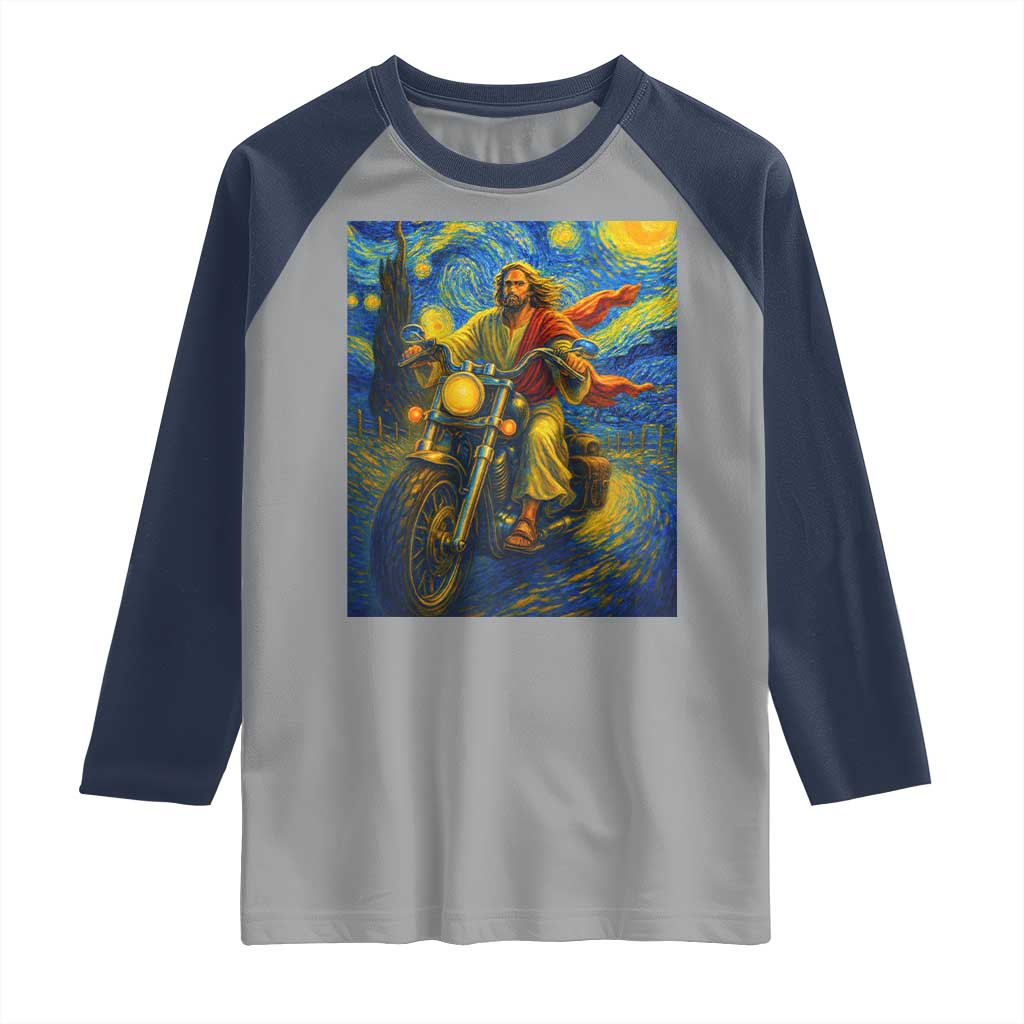 Jesus Christian Motorcycle Starry Night Van Gogh Raglan Shirt TS14 Sport Gray Navy Print Your Wear