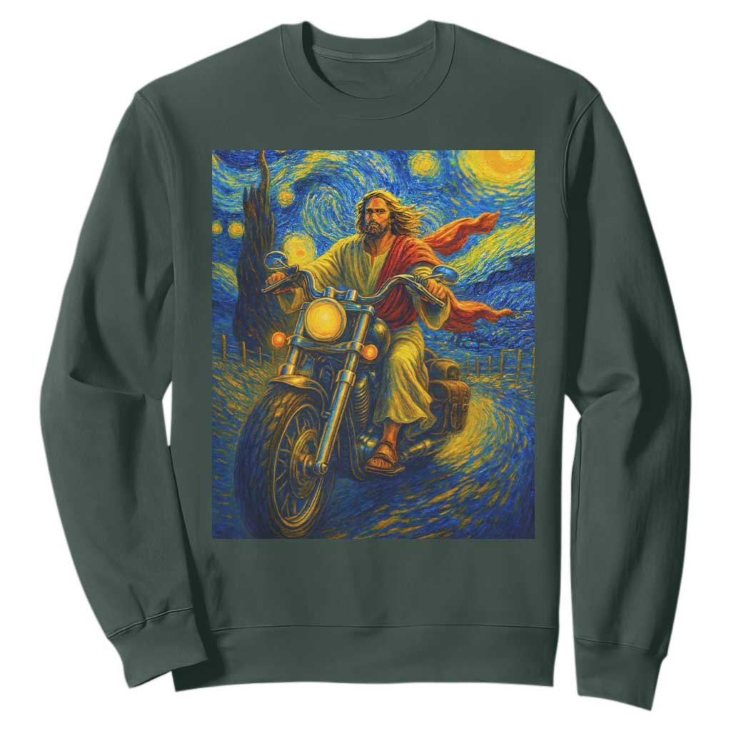 Jesus Christian Motorcycle Starry Night Van Gogh Sweatshirt TS14 Dark Forest Green Print Your Wear