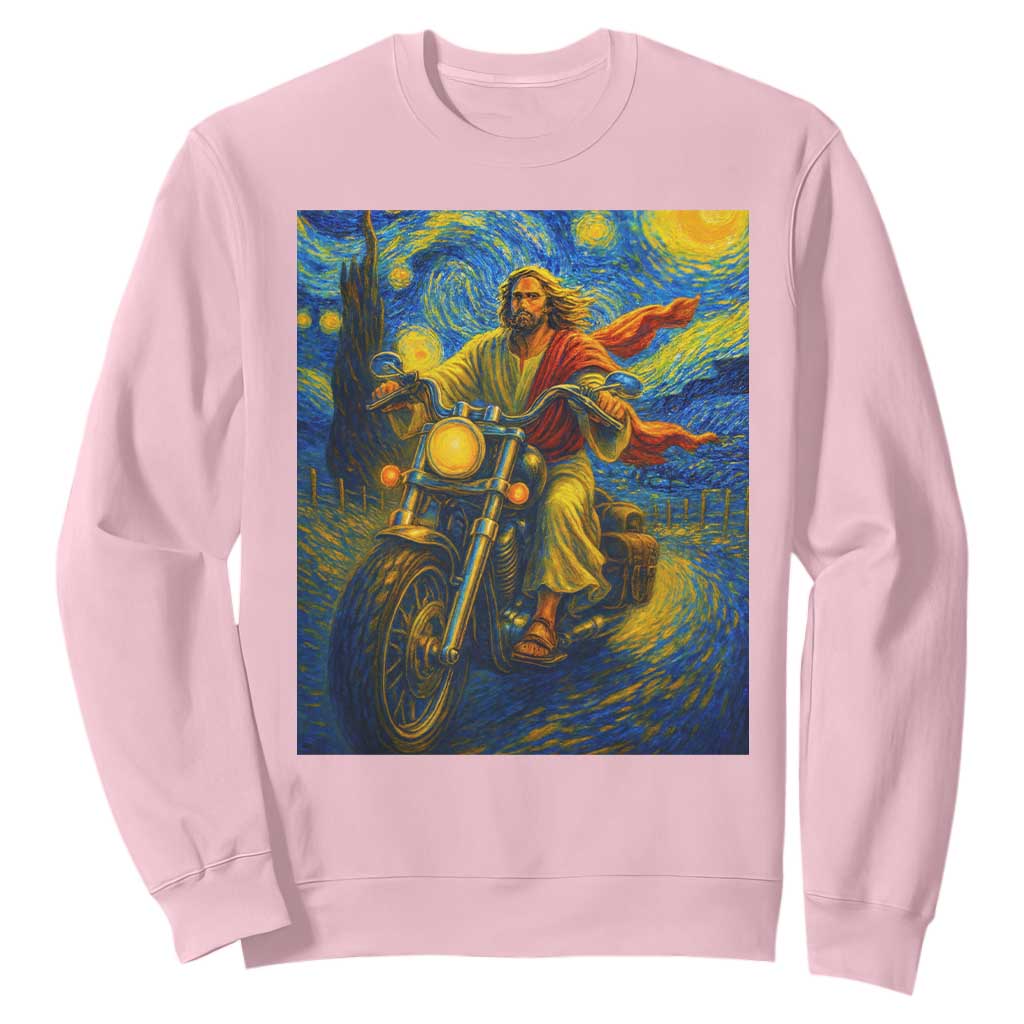 Jesus Christian Motorcycle Starry Night Van Gogh Sweatshirt TS14 Light Pink Print Your Wear