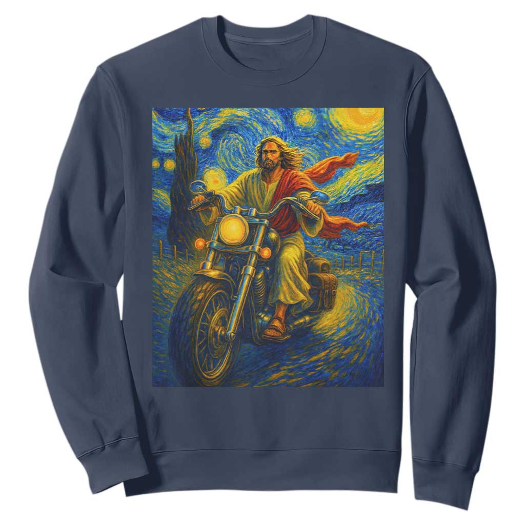 Jesus Christian Motorcycle Starry Night Van Gogh Sweatshirt TS14 Navy Print Your Wear