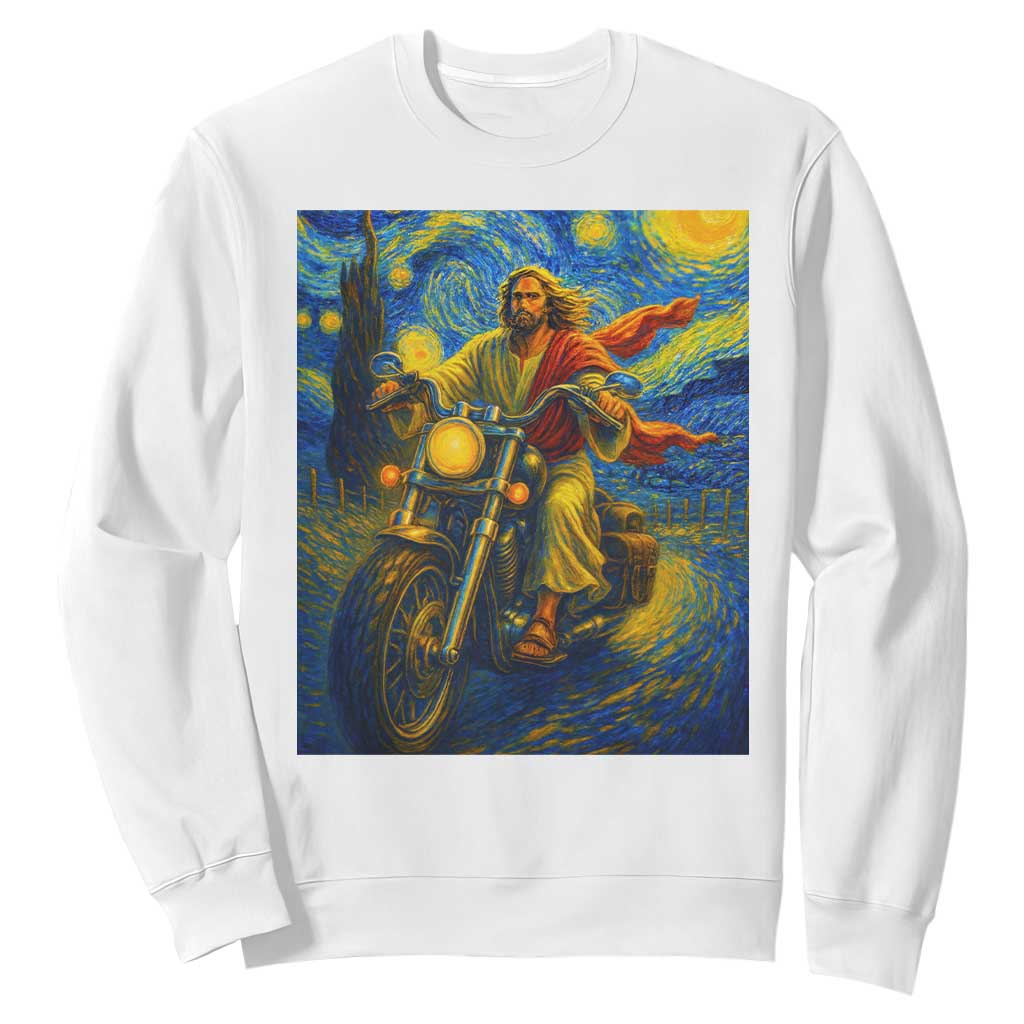 Jesus Christian Motorcycle Starry Night Van Gogh Sweatshirt TS14 White Print Your Wear