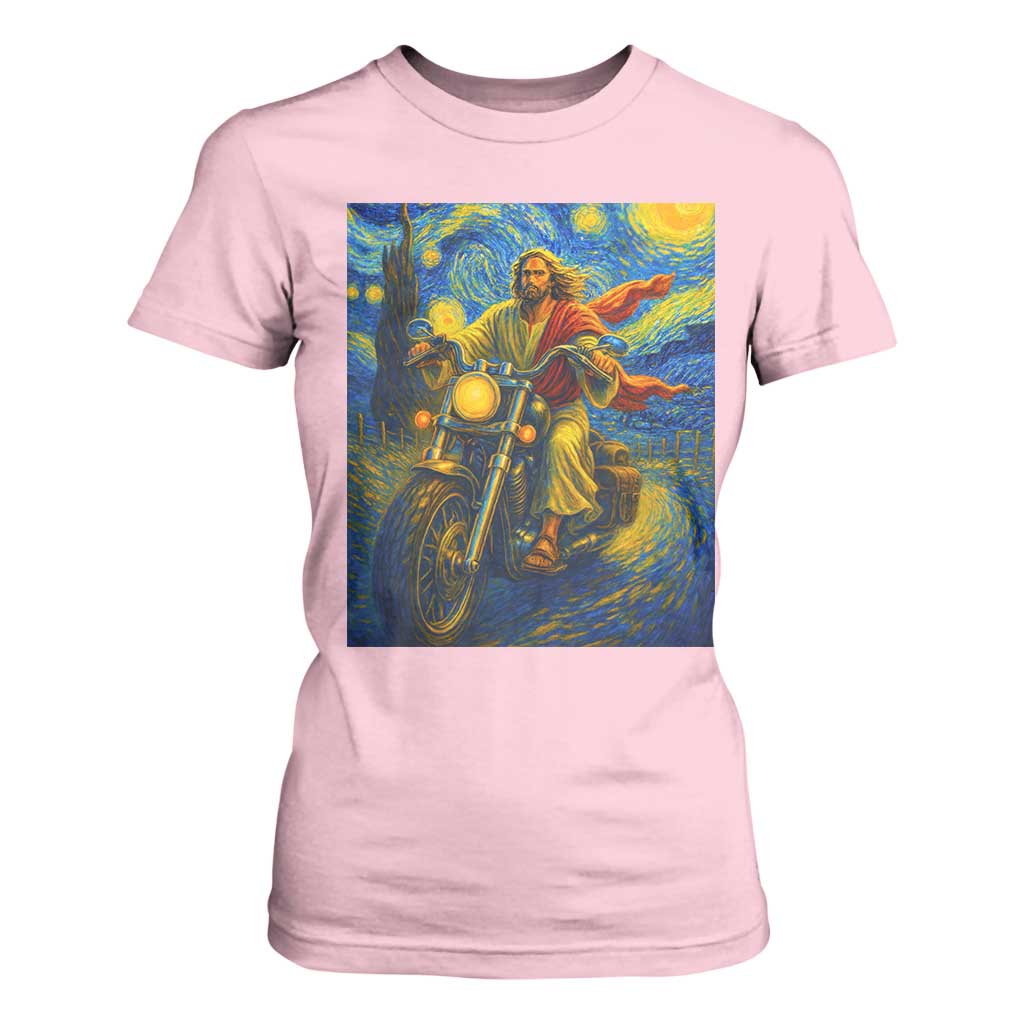 Jesus Christian Motorcycle Starry Night Van Gogh T Shirt For Women TS14 Light Pink Print Your Wear