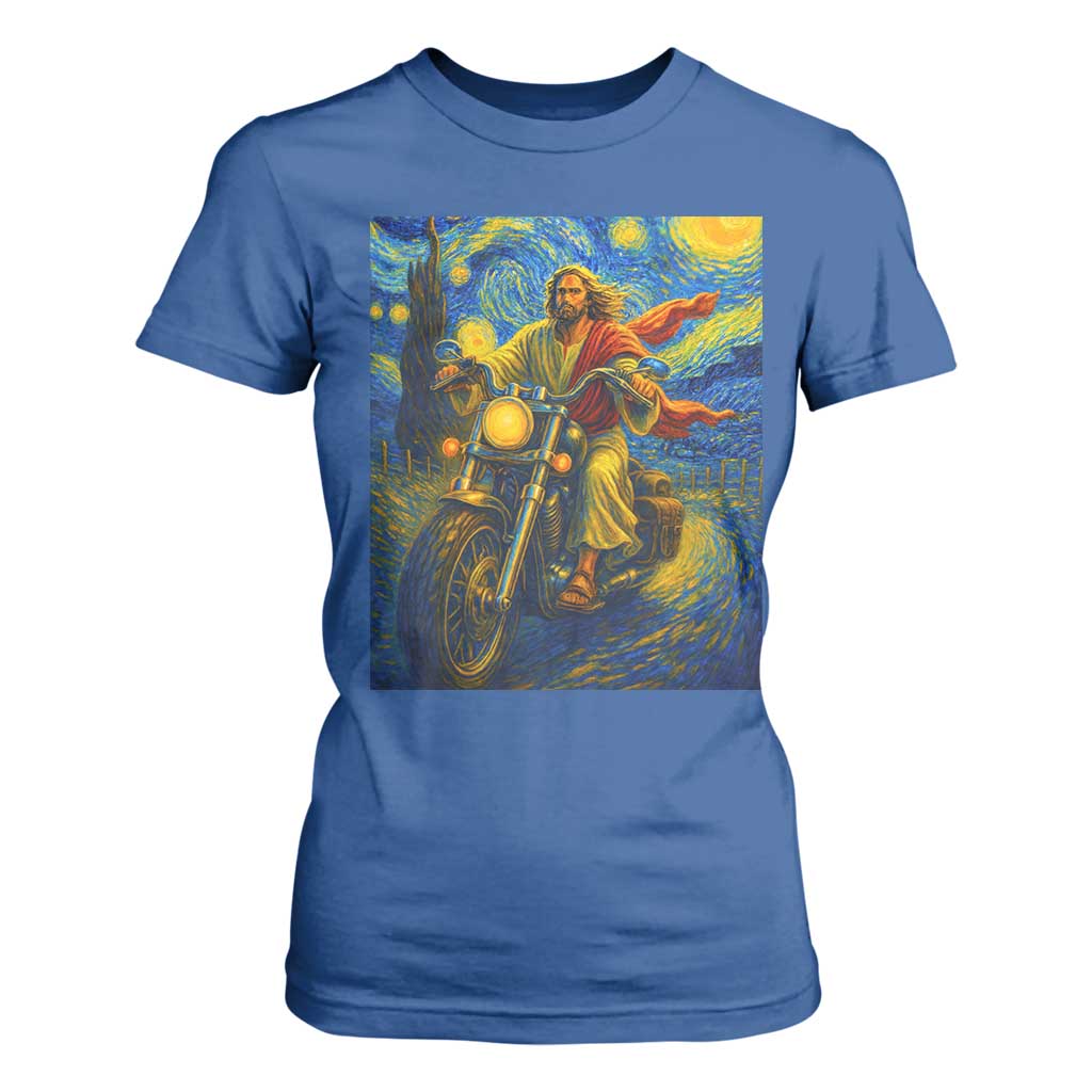 Jesus Christian Motorcycle Starry Night Van Gogh T Shirt For Women TS14 Royal Blue Print Your Wear