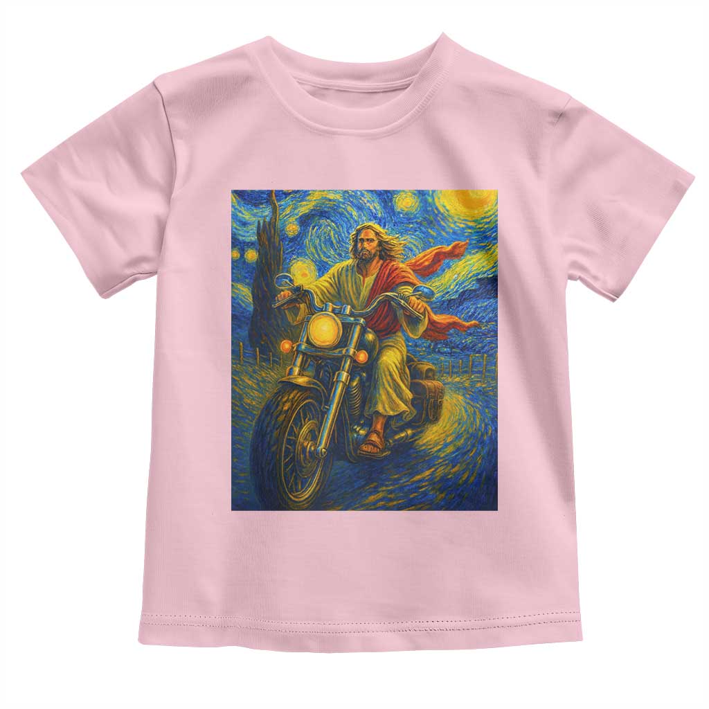 Jesus Christian Motorcycle Starry Night Van Gogh Toddler T Shirt TS14 Light Pink Print Your Wear