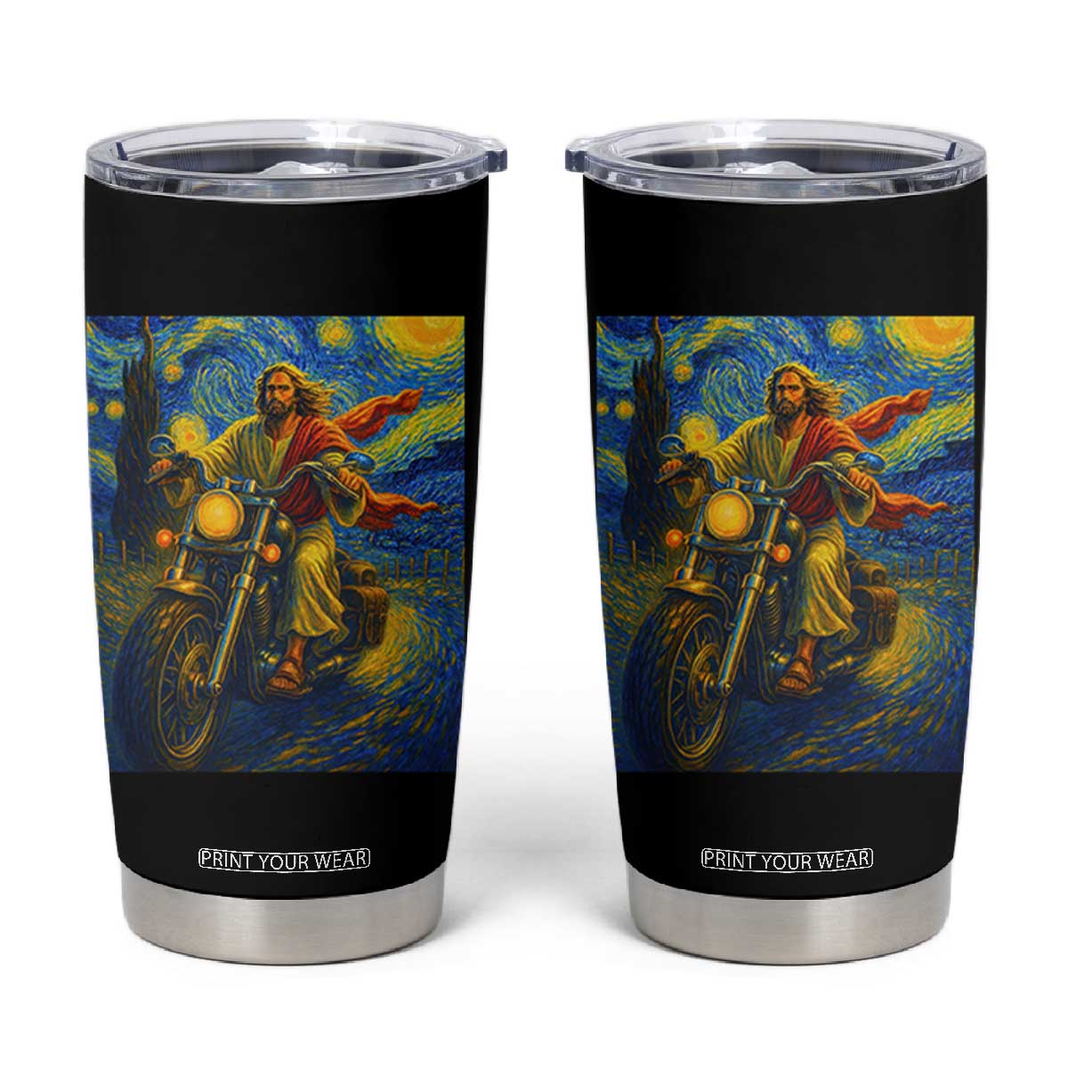 Jesus Christian Motorcycle Starry Night Van Gogh Tumbler Cup TS14 Black Print Your Wear