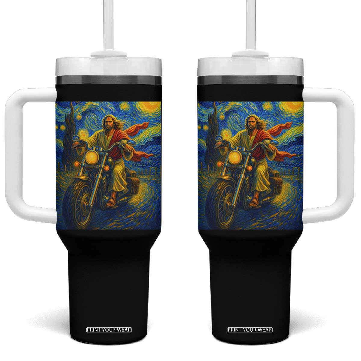 Jesus Christian Motorcycle Starry Night Van Gogh Tumbler With Handle TS14 One Size: 40 oz Black Print Your Wear