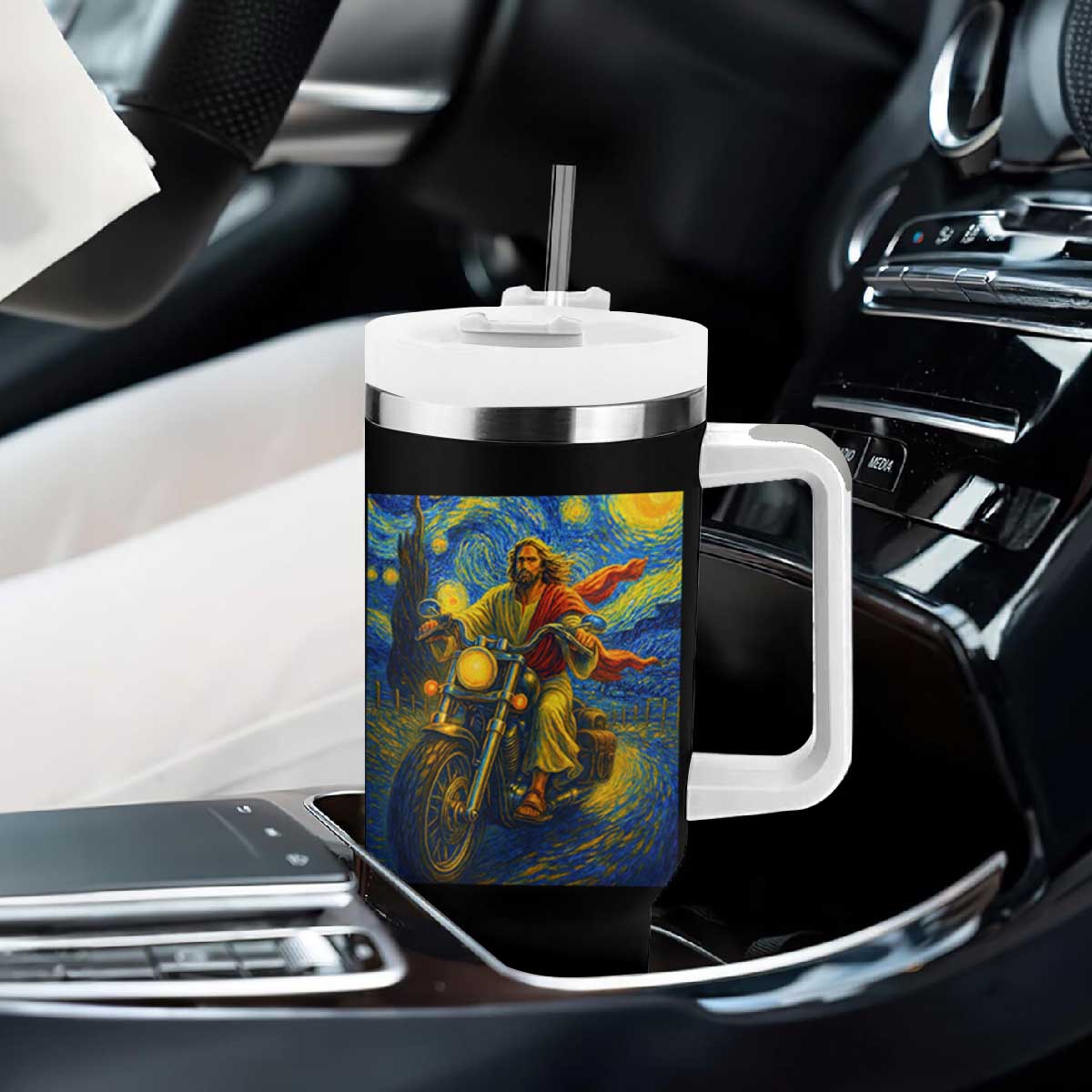Jesus Christian Motorcycle Starry Night Van Gogh Tumbler With Handle TS14 Print Your Wear