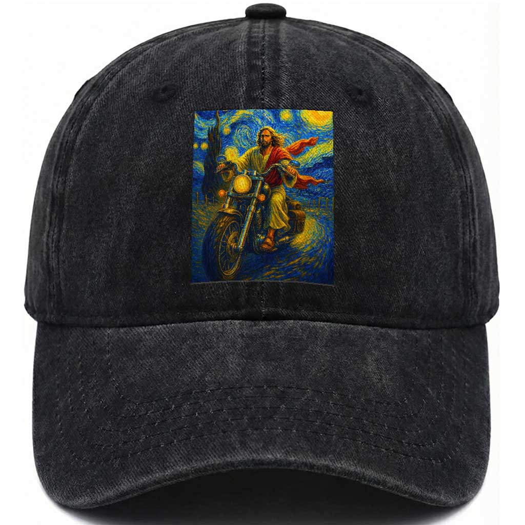 Jesus Christian Motorcycle Starry Night Van Gogh Washed Cotton Baseball Cap TS14 Washed Cap Universal Fit Black Print Your Wear
