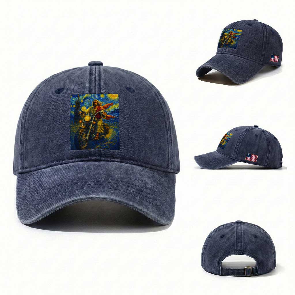 Jesus Christian Motorcycle Starry Night Van Gogh Washed Cotton Baseball Cap TS14 Washed Cap Universal Fit Navy Print Your Wear