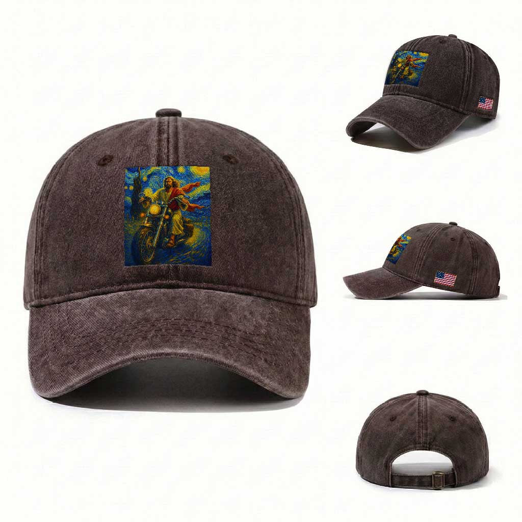 Jesus Christian Motorcycle Starry Night Van Gogh Washed Cotton Baseball Cap TS14 Washed Cap Universal Fit Dark Brown Print Your Wear