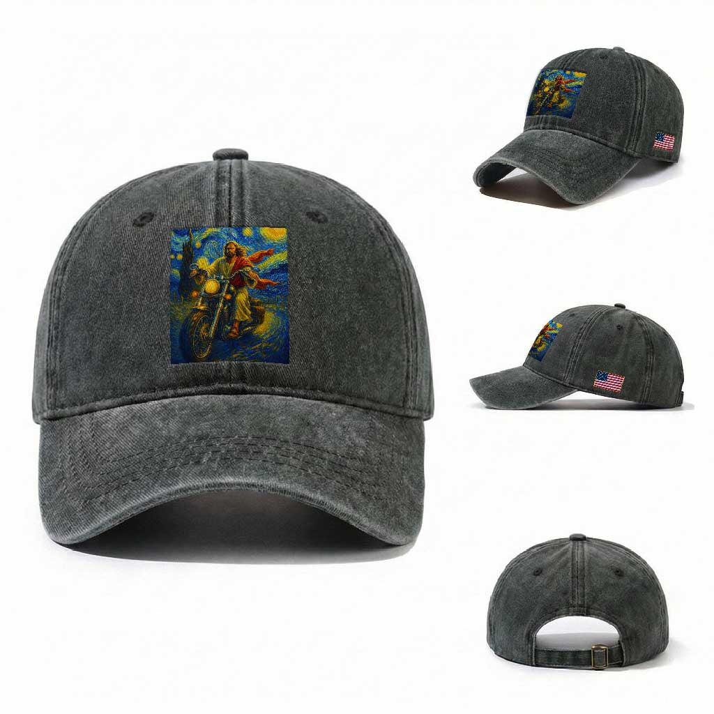 Jesus Christian Motorcycle Starry Night Van Gogh Washed Cotton Baseball Cap TS14 Washed Cap Universal Fit Dark Green Print Your Wear