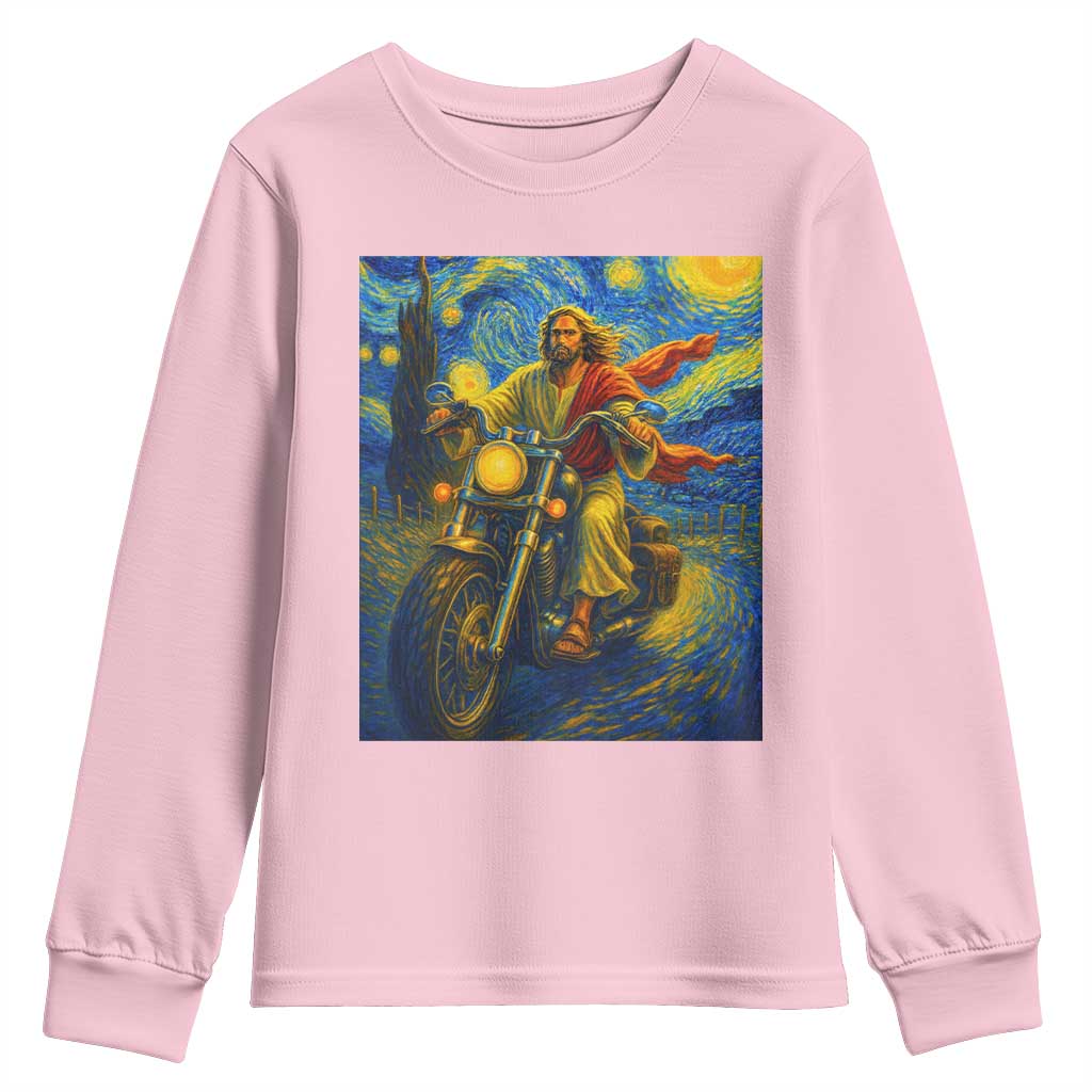 Jesus Christian Motorcycle Starry Night Van Gogh Youth Sweatshirt TS14 Light Pink Print Your Wear