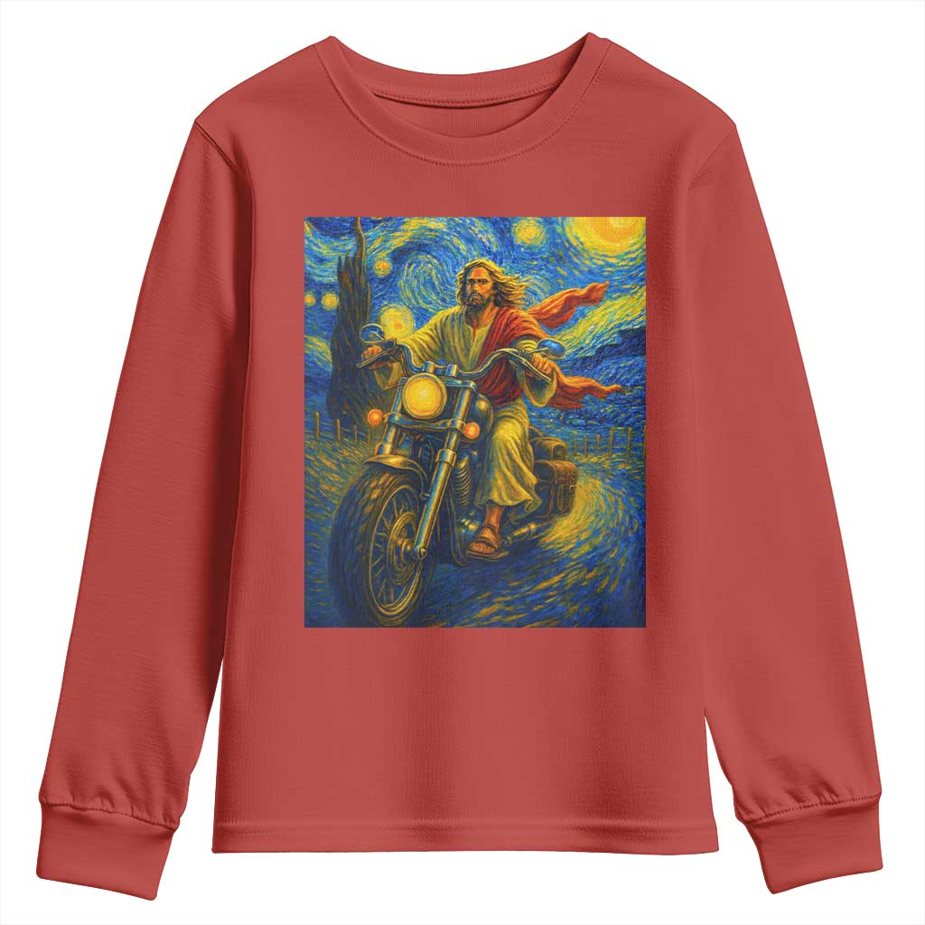 Jesus Christian Motorcycle Starry Night Van Gogh Youth Sweatshirt TS14 Red Print Your Wear