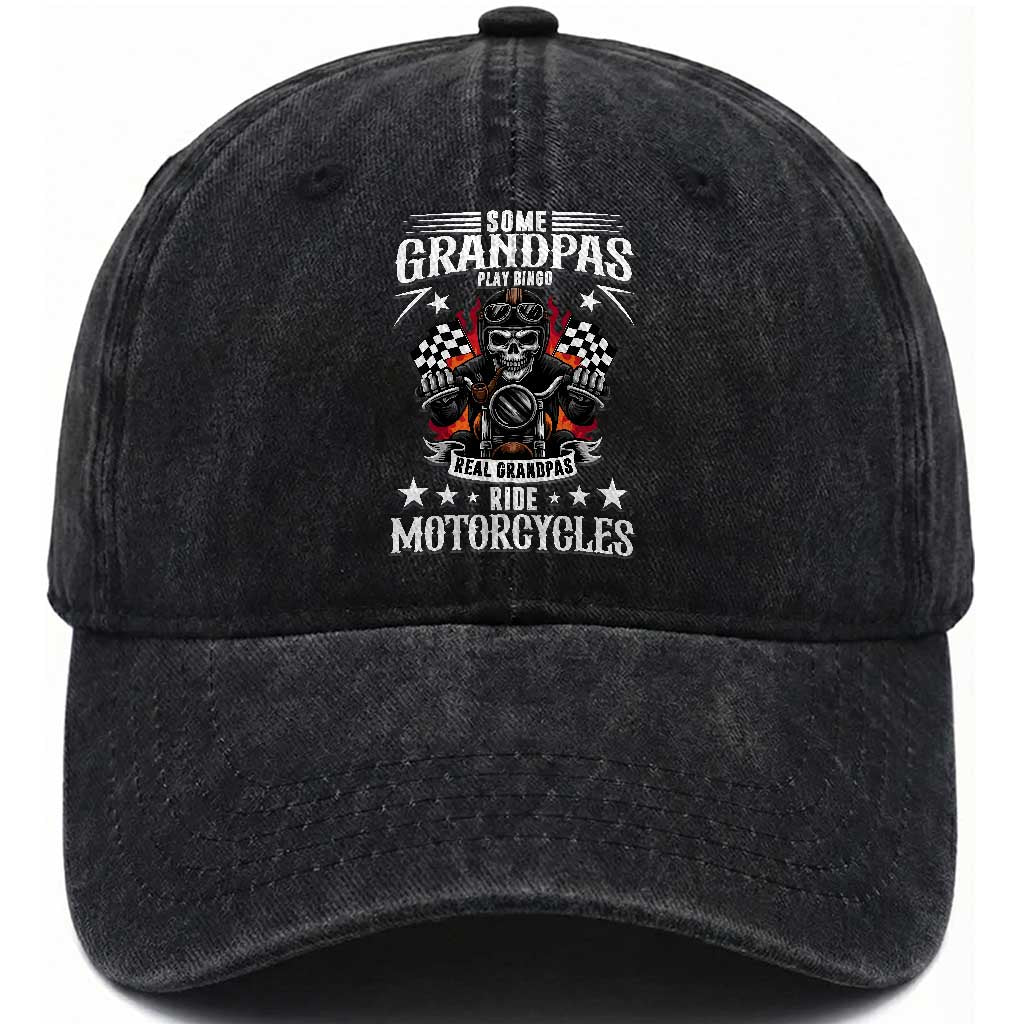 Funny Grandpa Biker Washed Cotton Baseball Cap Some Grandpas Play Bingo Real Grandpas Ride Motorcycles TS14 Washed Cap Universal Fit Black Print Your Wear