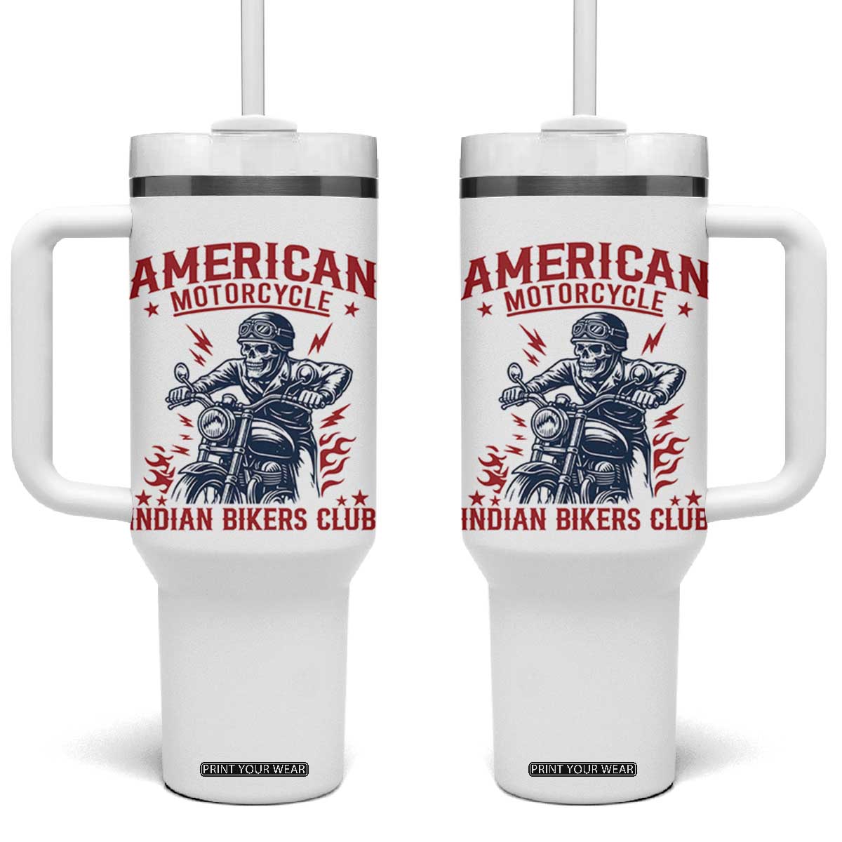 Funny Skeleton Motorcycle Tumbler With Handle American Motorcycle Indian Bikers Club TS14 One Size: 40 oz White Print Your Wear