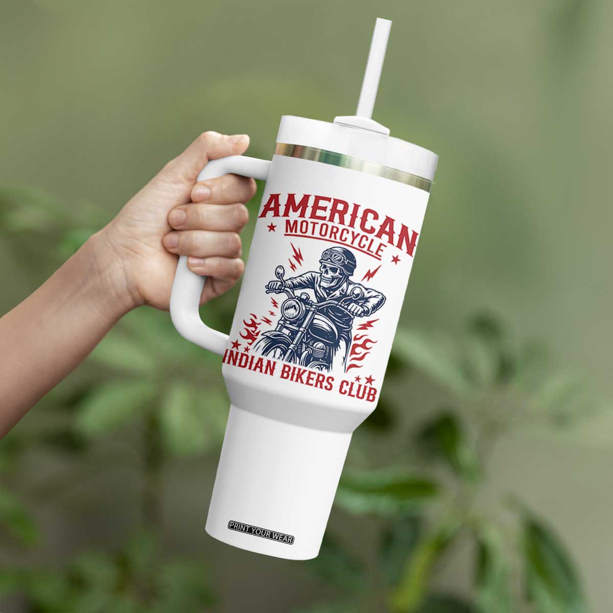 Funny Skeleton Motorcycle Tumbler With Handle American Motorcycle Indian Bikers Club TS14 Print Your Wear