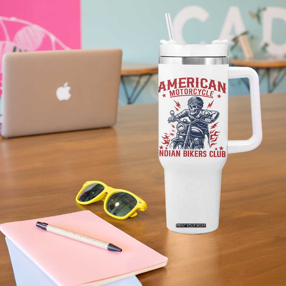 Funny Skeleton Motorcycle Tumbler With Handle American Motorcycle Indian Bikers Club TS14 Print Your Wear