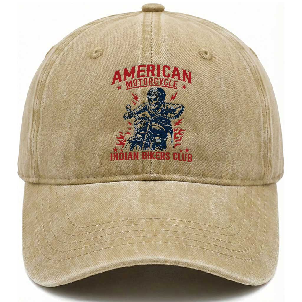 Funny Skeleton Motorcycle Washed Cotton Baseball Cap American Motorcycle Indian Bikers Club TS14 Washed Cap Universal Fit Khaki Print Your Wear