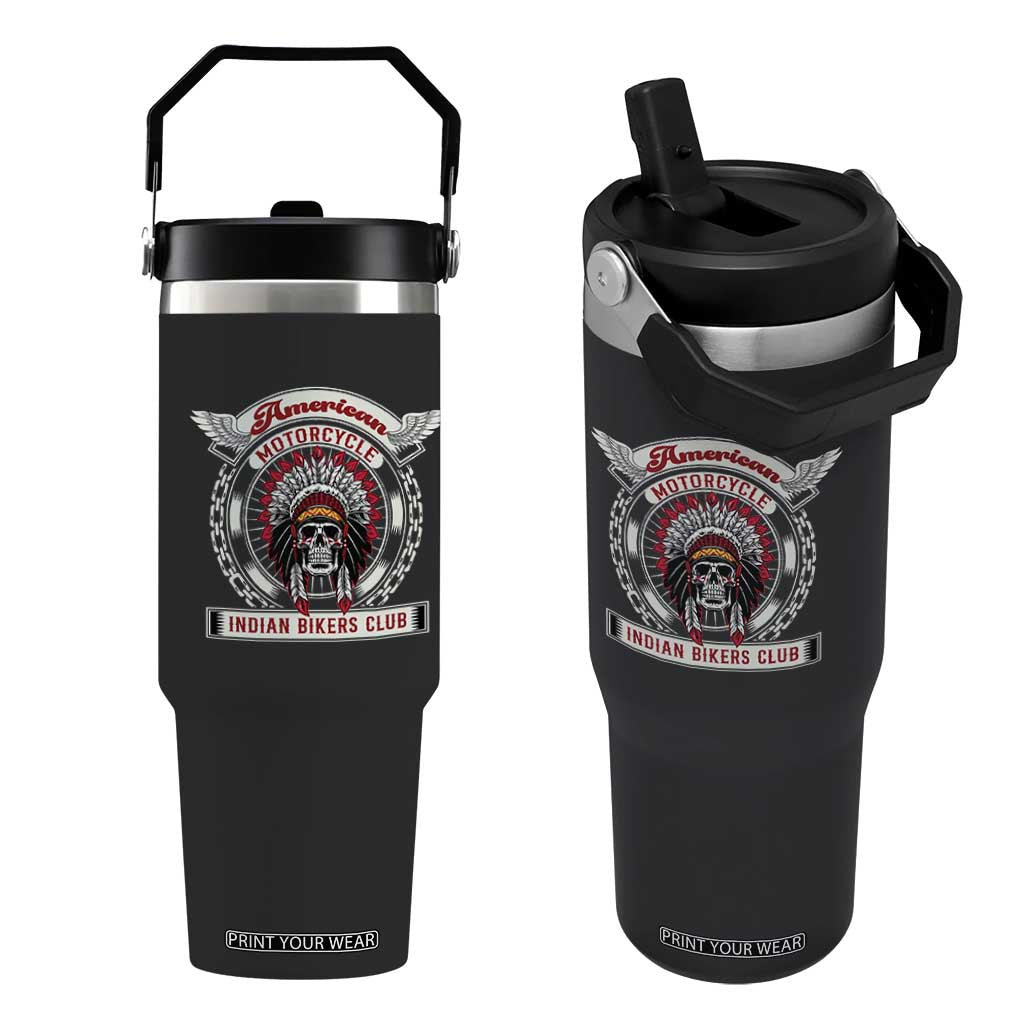 Native American Indian Chief Skull Motorcycle Headdress Flip Straw Tumbler TS14 One Size: 30 oz Black Print Your Wear