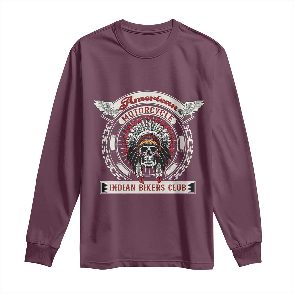 Native American Indian Chief Skull Motorcycle Headdress Long Sleeve Shirt TS14 Maroon Print Your Wear