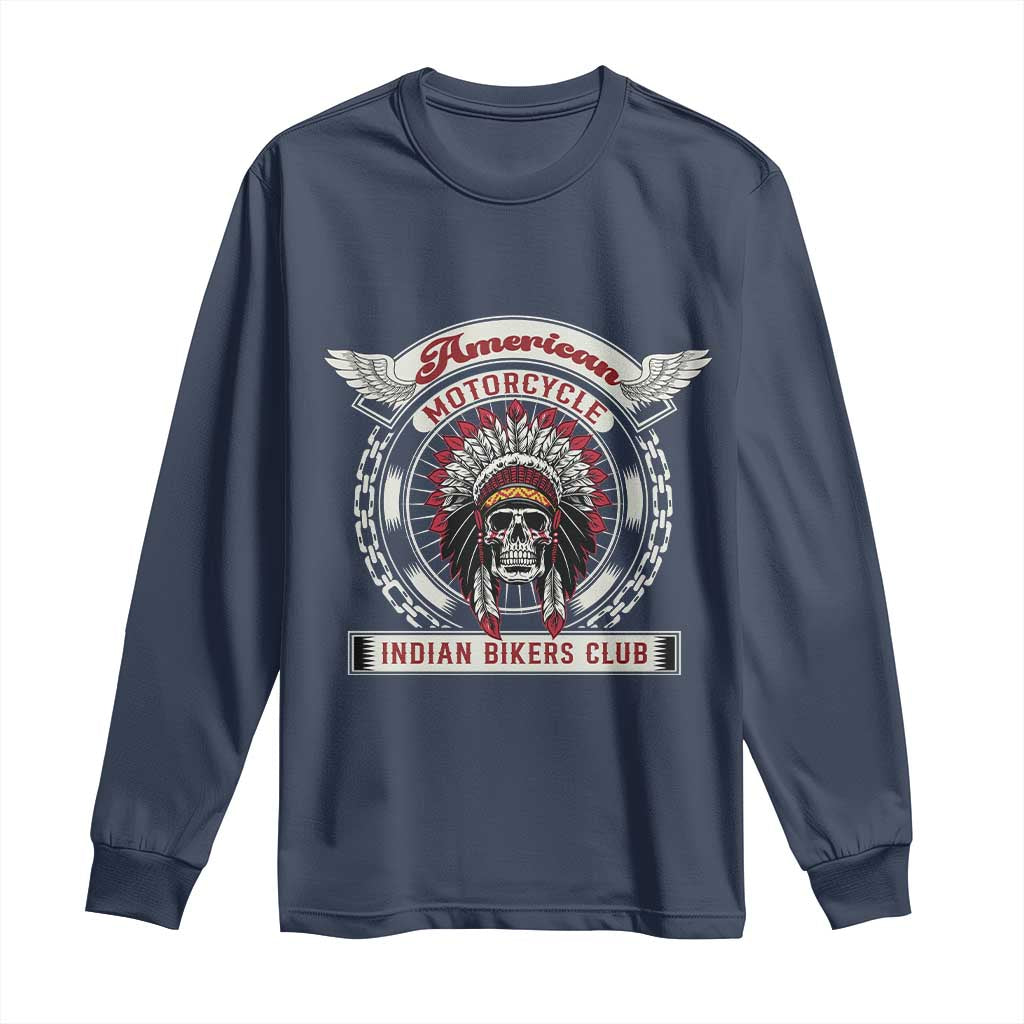 Native American Indian Chief Skull Motorcycle Headdress Long Sleeve Shirt TS14 Navy Print Your Wear