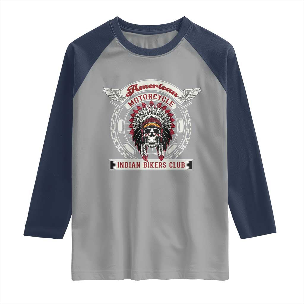 Native American Indian Chief Skull Motorcycle Headdress Raglan Shirt TS14 Sport Gray Navy Print Your Wear