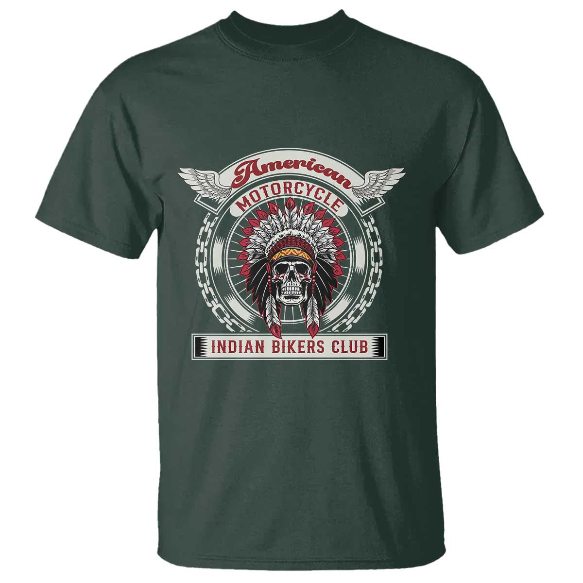Native American Indian Chief Skull Motorcycle Headdress T Shirt TS14 Dark Forest Green Print Your Wear
