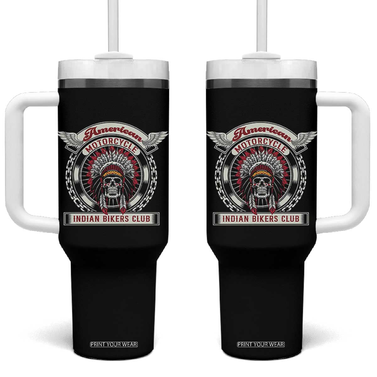 Native American Indian Chief Skull Motorcycle Headdress Tumbler With Handle TS14 One Size: 40 oz Black Print Your Wear