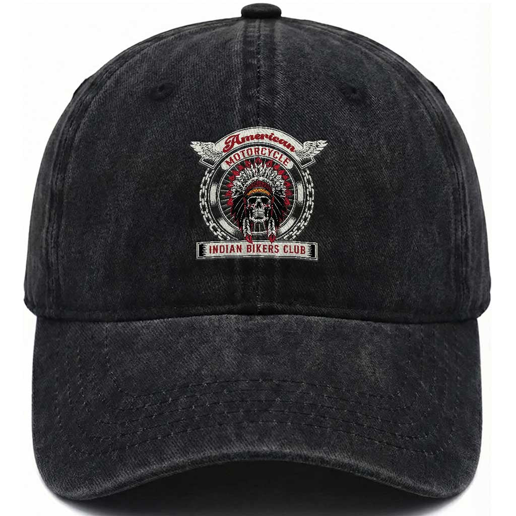 Native American Indian Chief Skull Motorcycle Headdress Washed Cotton Baseball Cap TS14 Washed Cap Universal Fit Black Print Your Wear