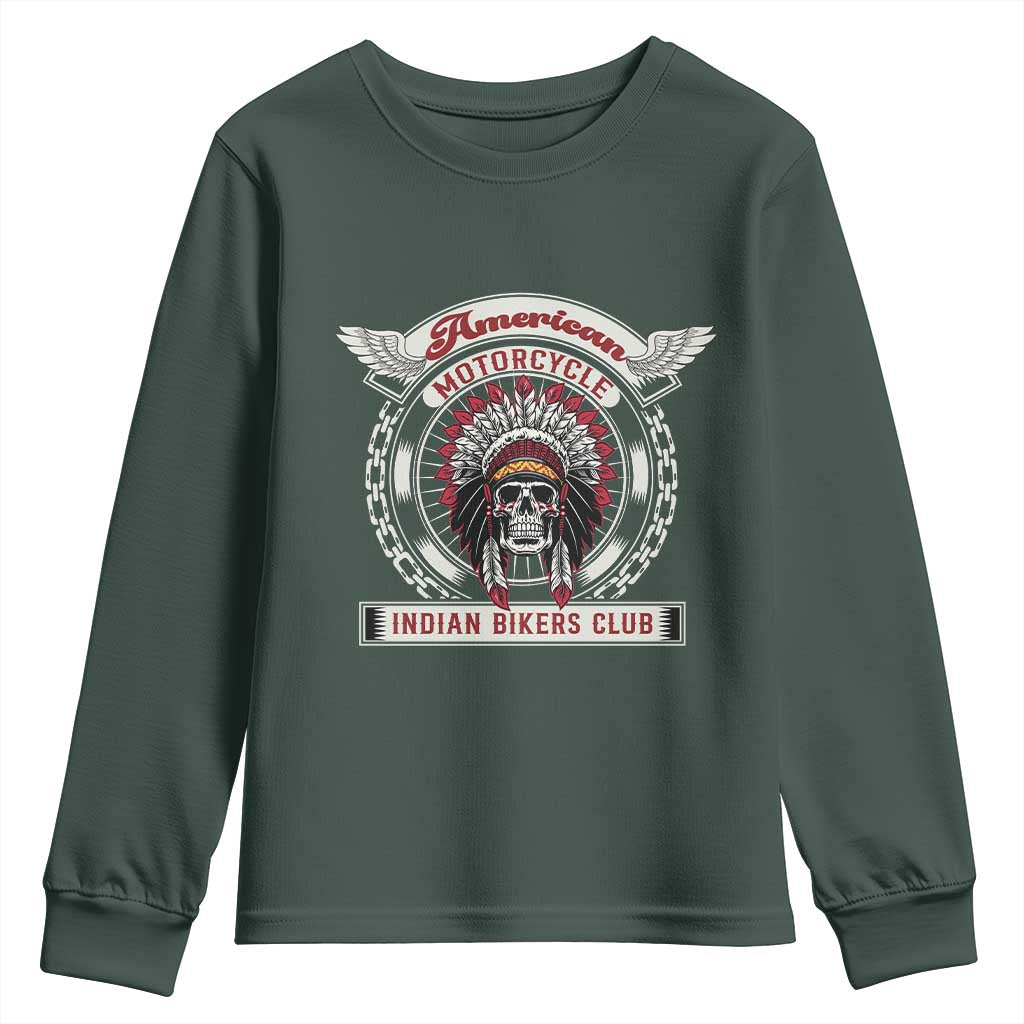 Native American Indian Chief Skull Motorcycle Headdress Youth Sweatshirt TS14 Dark Forest Green Print Your Wear