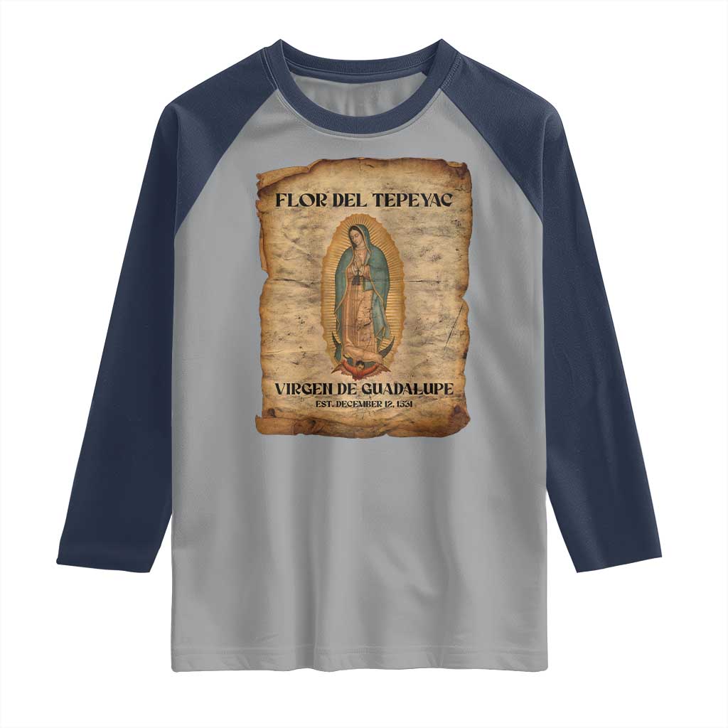 Virgin Mary Raglan Shirt Our Lady Virgen De Guadalupe TS14 Sport Gray Navy Print Your Wear