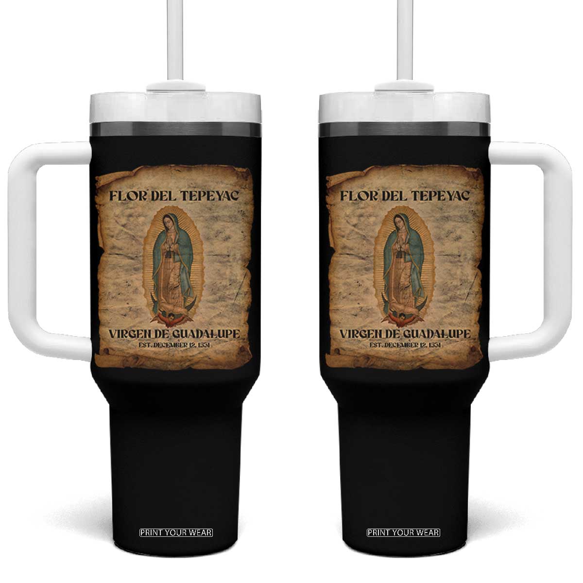 Virgin Mary Tumbler With Handle Our Lady Virgen De Guadalupe TS14 One Size: 40 oz Black Print Your Wear