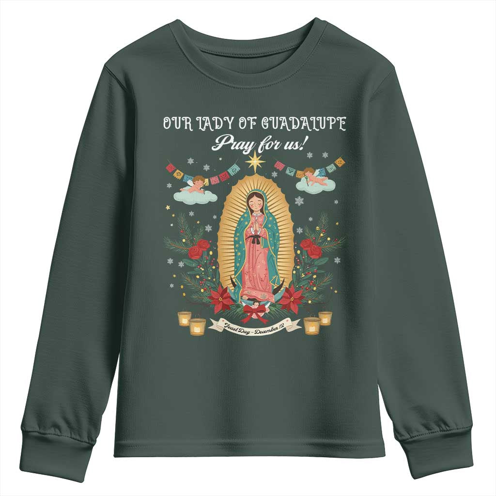 Virgin Mary Youth Sweatshirt Our Lady Of Guadalupe Pray For Us TS14 Dark Forest Green Print Your Wear
