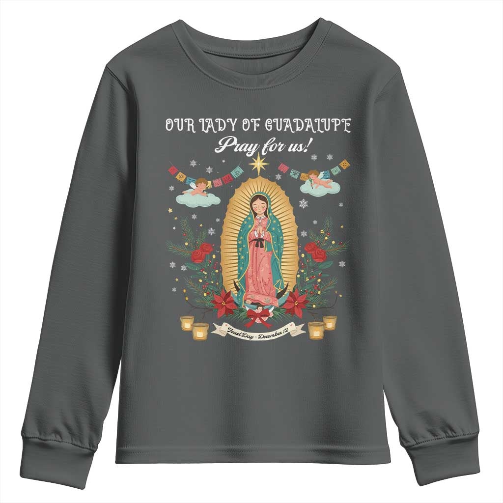 Virgin Mary Youth Sweatshirt Our Lady Of Guadalupe Pray For Us TS14 Dark Heather Print Your Wear