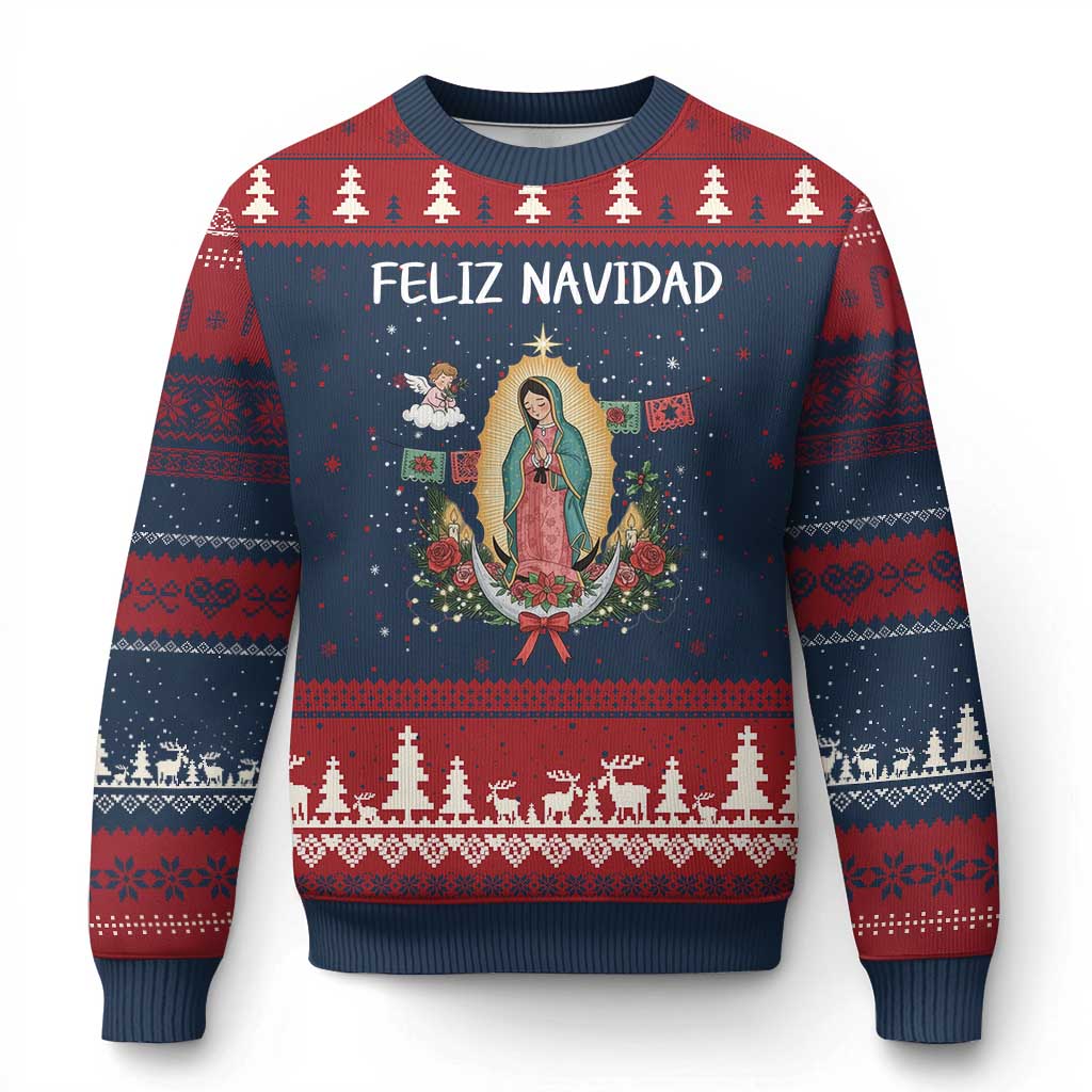 Our Lady of Guadalupe Xmas Ugly Christmas Sweater Feliz Navidad TS14 Navy Red Print Your Wear