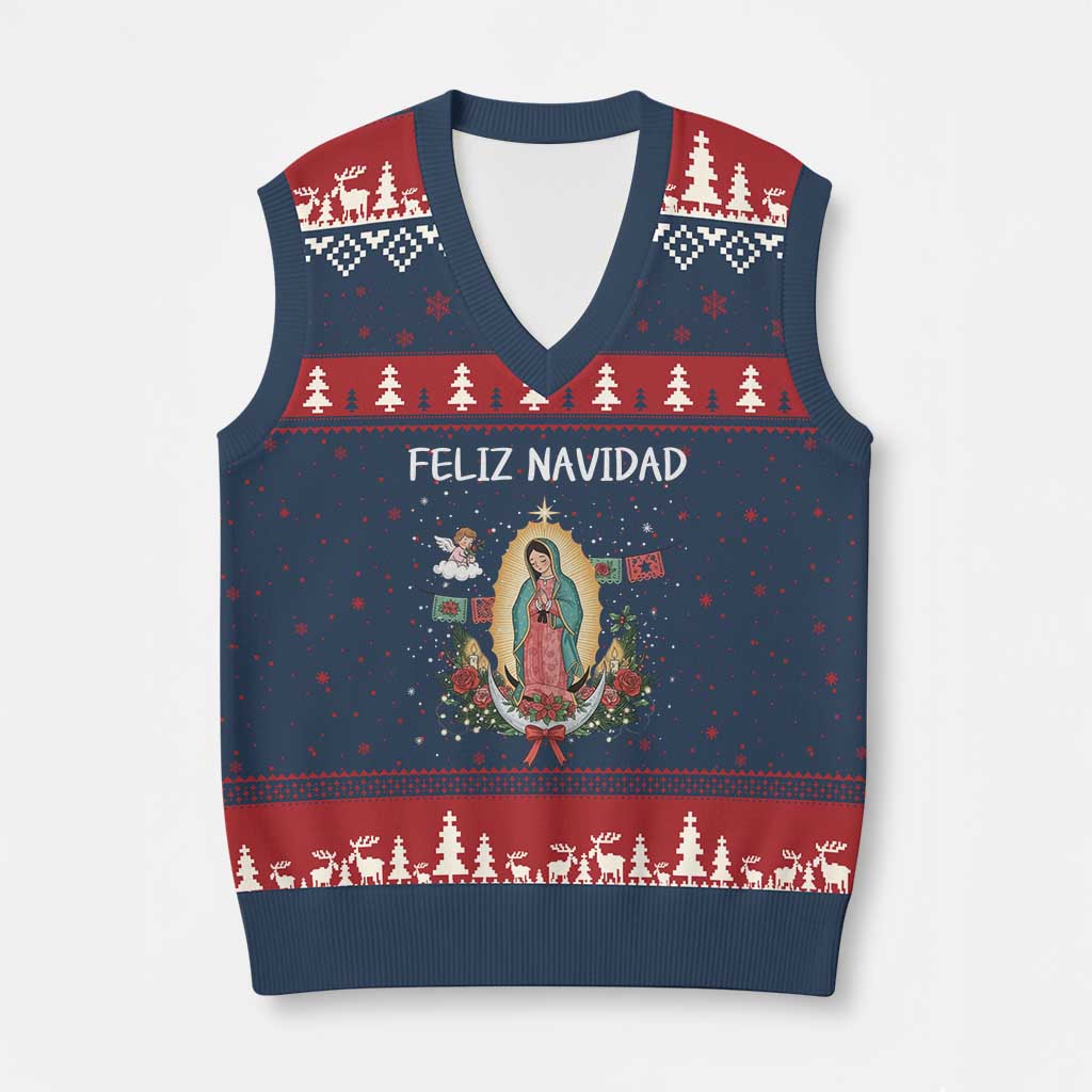 Our Lady of Guadalupe Xmas V-Neck Knit Sweater Vest Feliz Navidad TS14 Navy Red Print Your Wear