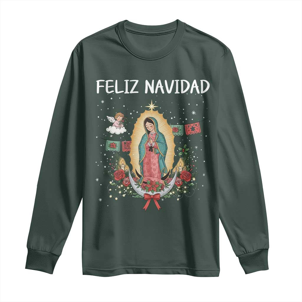 Our Lady of Guadalupe Christmas Long Sleeve Shirt Feliz Navidad TS14 Dark Forest Green Print Your Wear