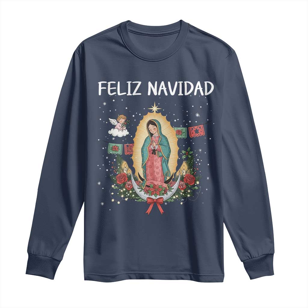 Our Lady of Guadalupe Christmas Long Sleeve Shirt Feliz Navidad TS14 Navy Print Your Wear